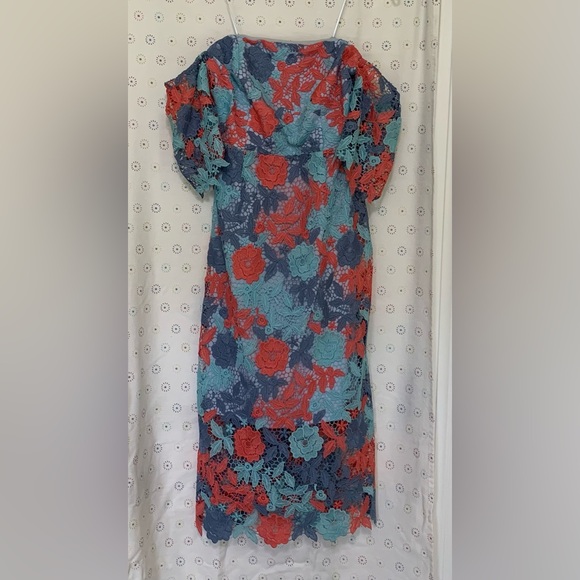 Sam Edelman Lace Dress Size 0 Pink Blue Lined Off On Shoulder Midi Pencil - Picture 3 of 9